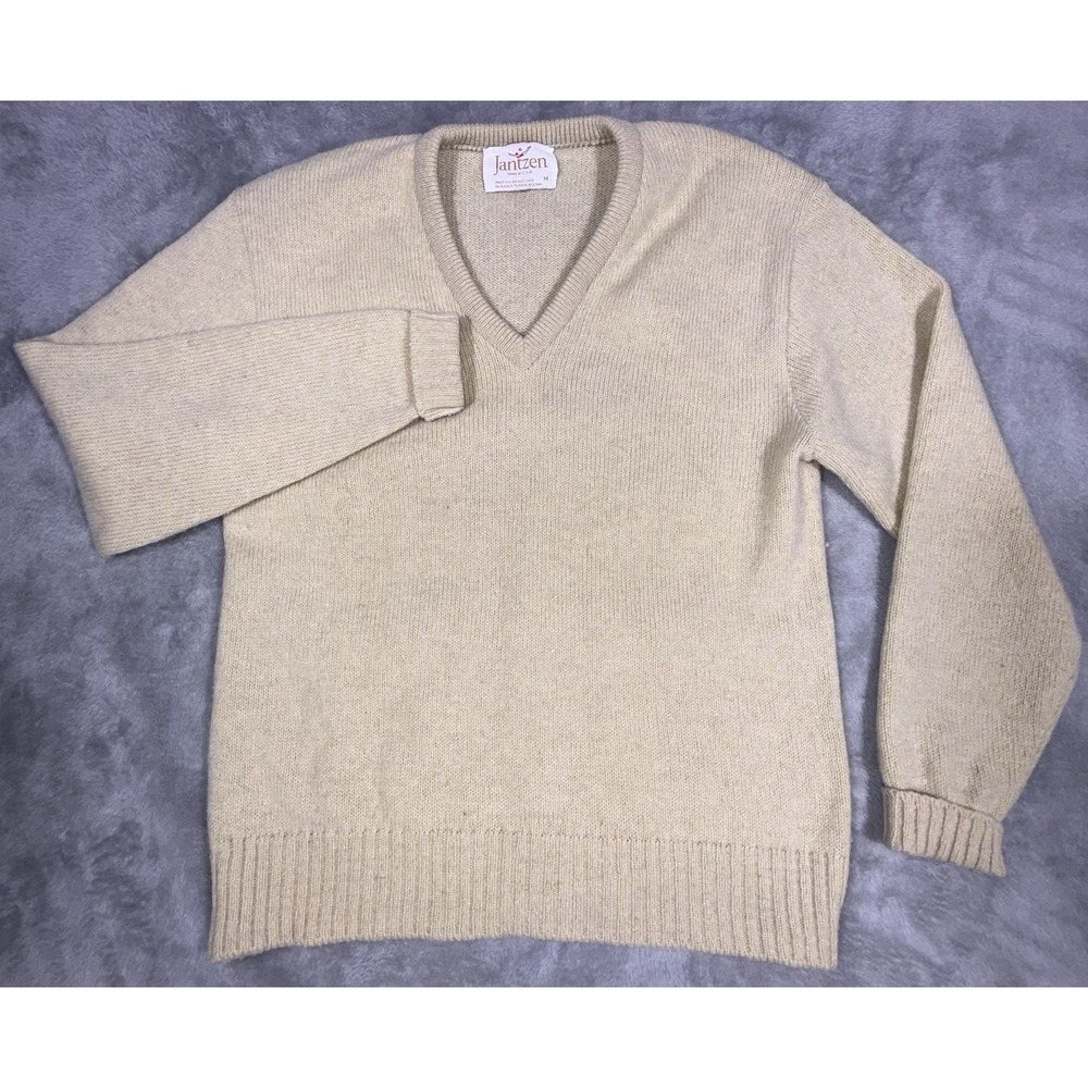 Vintage Jantzen V-Neck Wool Sweater Mens Medium Made In USA Tan Old Money
